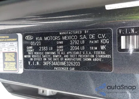 2021 Kia Forte Gt-Line z USA, uszkodzony, nr VIN 3KPF34ADXME326203